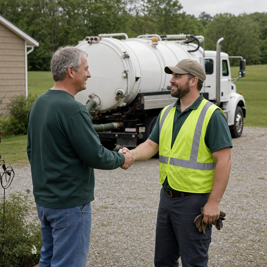 A septic technician shaking a Provo homeowner's hand beside the service truck after a completed pump-out