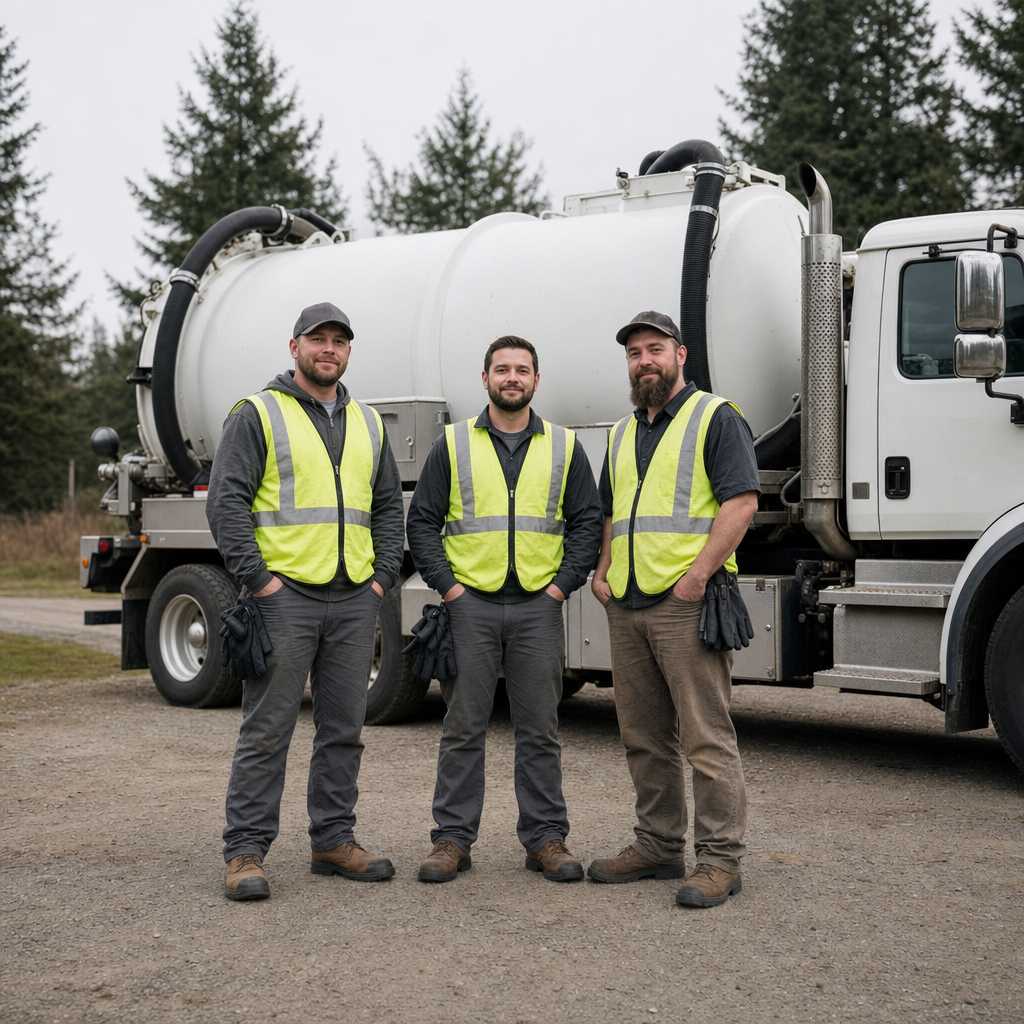 The Provo septic pumping crew standing together beside their clean white vacuum truck on a residential street