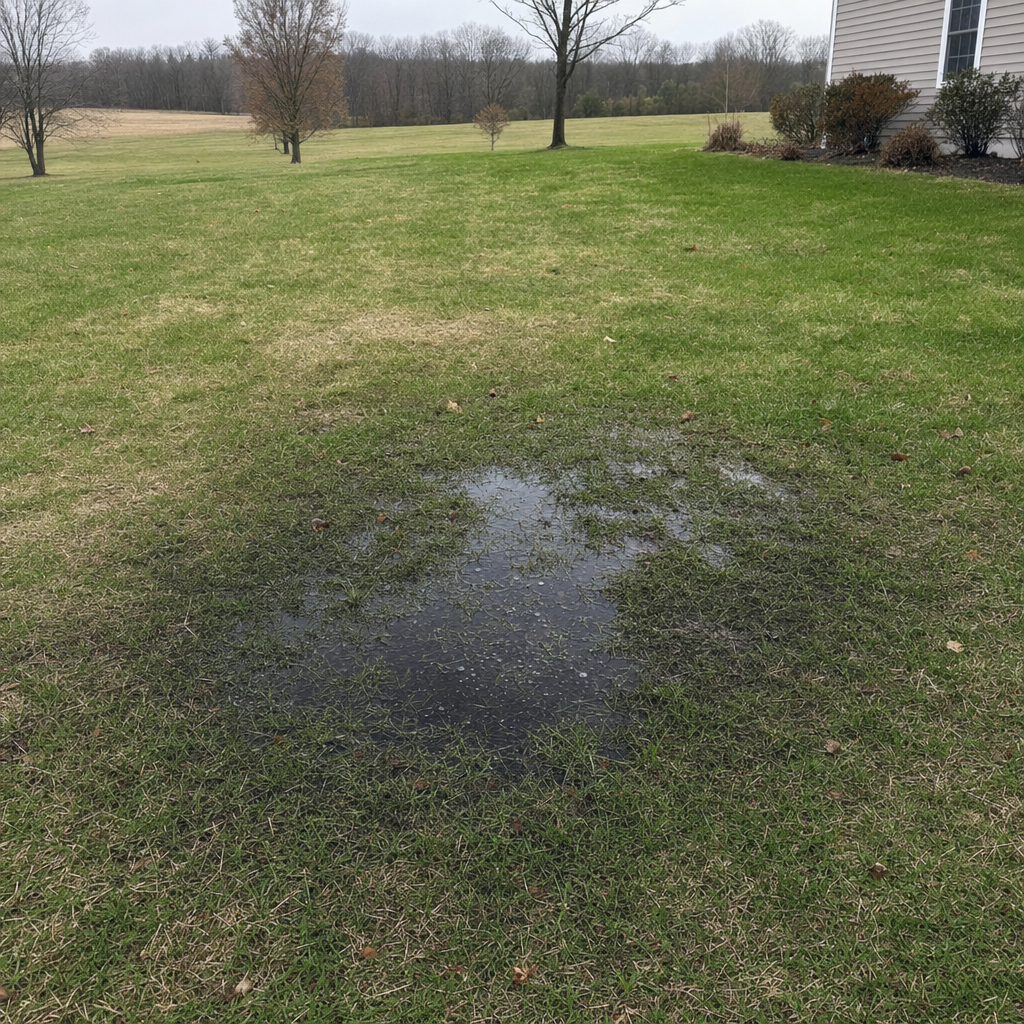 A dark, saturated wet spot in a Provo backyard lawn marking a failing cesspool at capacity