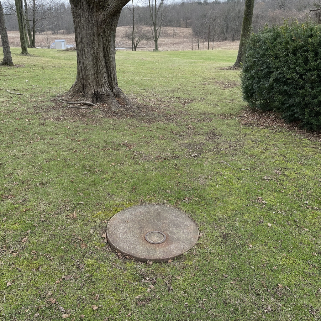 An older round cesspool access lid set flush in an established, mature Provo backyard lawn