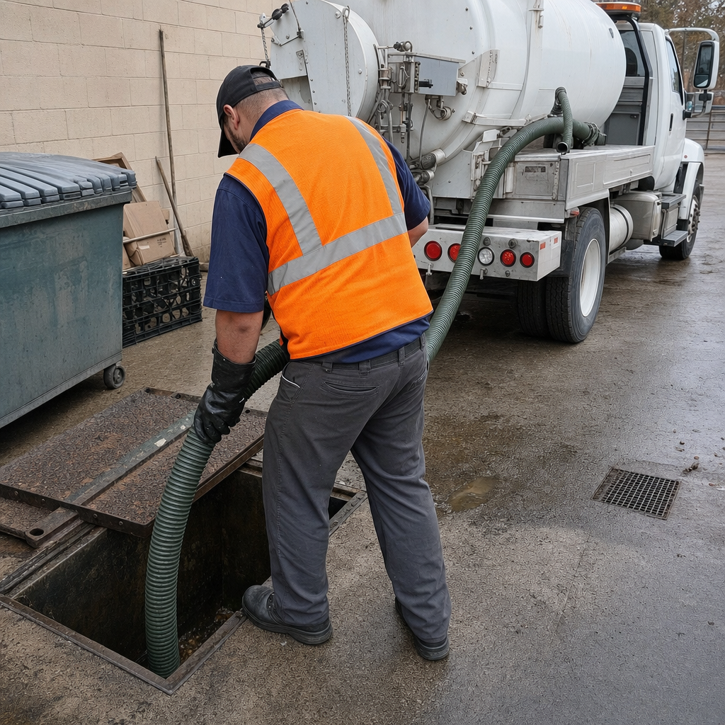 Technician pumping a grease trap behind a Provo restaurant