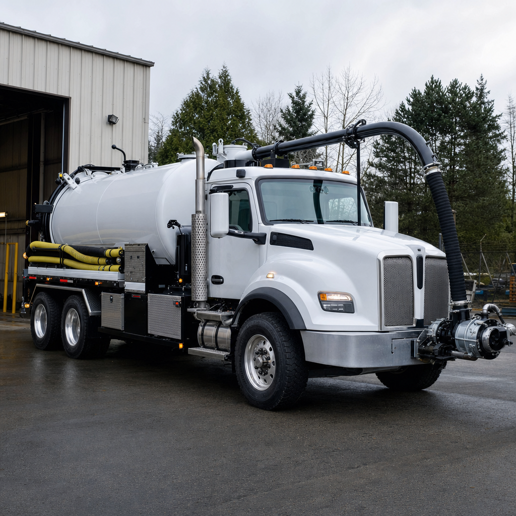 A clean white septic vacuum truck rolling out of a tidy Provo service depot at the start of the day