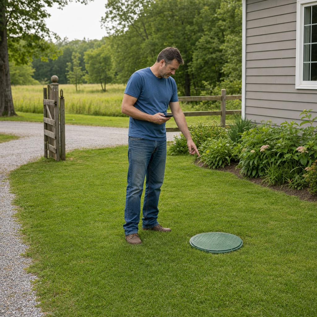 A Provo-area homeowner standing in the backyard noting where the septic tank lid and access route are located