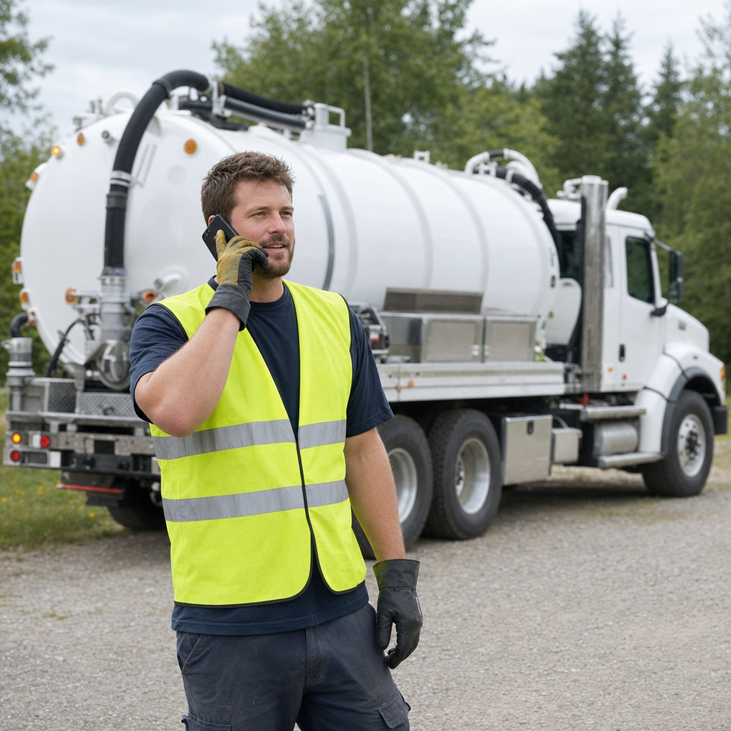 A friendly septic dispatcher holding a phone, ready to answer a Provo homeowner's call about a pump-out