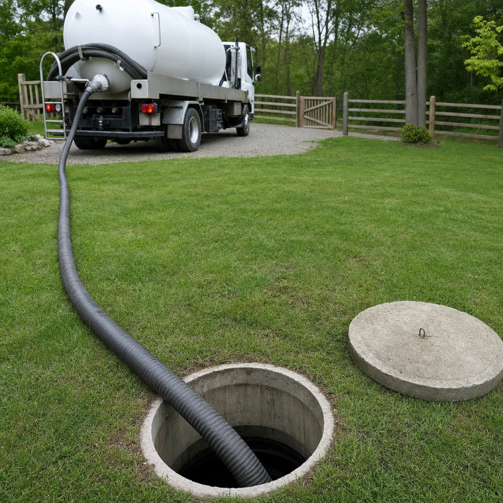 Suction hose connected to an open septic tank, drawing it down in a tidy Provo yard