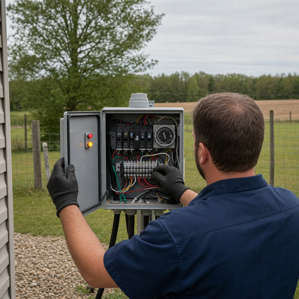 Technician checking an aerobic septic control box with a lit red high-water alarm during a same-day Provo visit