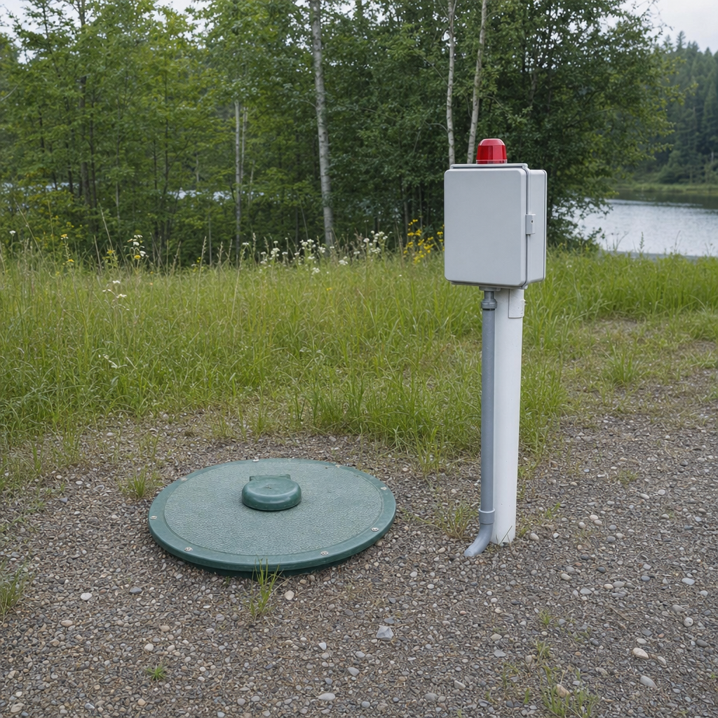 A wastewater holding tank access lid set in the ground at a rural Provo-area cabin, with a mounted high-level float alarm panel nearby