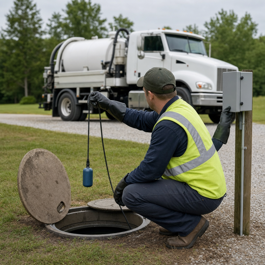 A septic technician in a high-visibility vest checking a high-level float switch and alarm panel on a holding tank at a rural Provo-area site