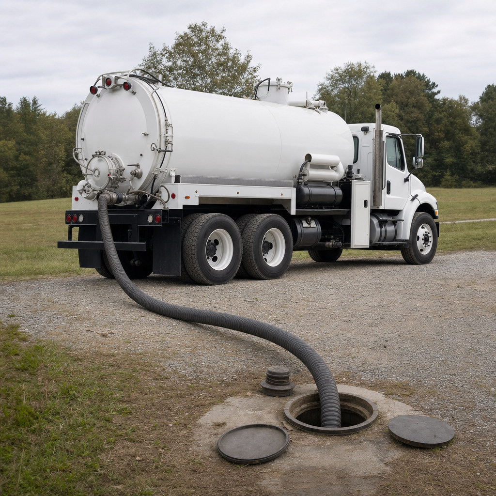 An unmarked white vacuum truck emptying a wastewater holding tank on a scheduled visit at a rural Provo-area property, thick suction hose running to the tank lid
