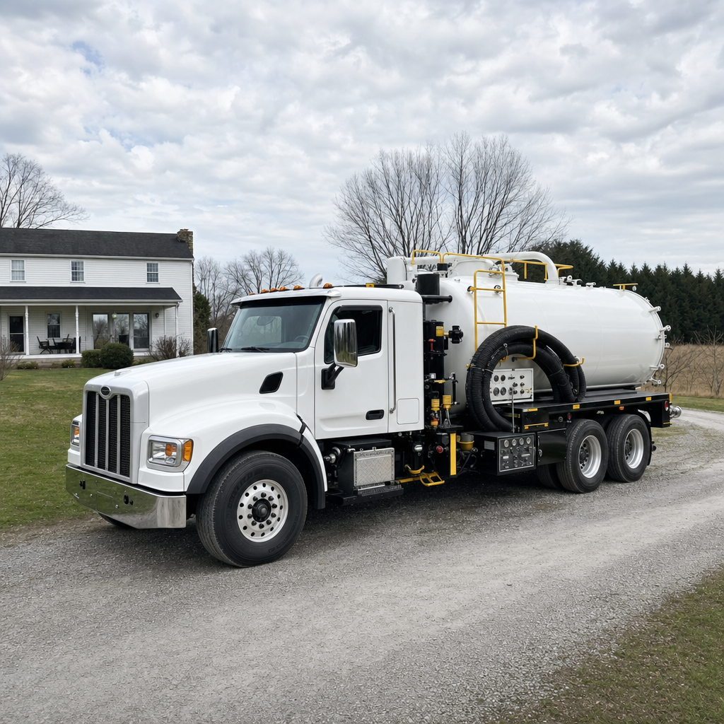 A clean white septic vacuum truck parked on a tidy Provo driveway with the suction hose neatly coiled