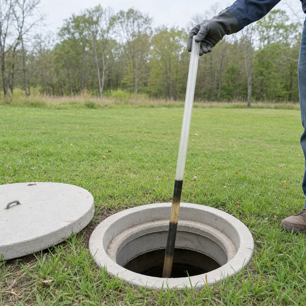A septic sludge-judge measuring stick lowered into an open Provo septic tank to read the depth of the sludge and scum layers before deciding whether a pump-out is due