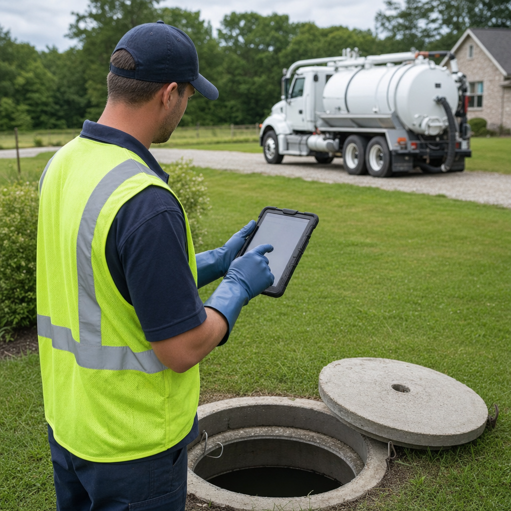 A septic technician recording a Provo home's pump-out date and tank condition on a tablet beside an open access lid, tracking the service history that sets the next due date