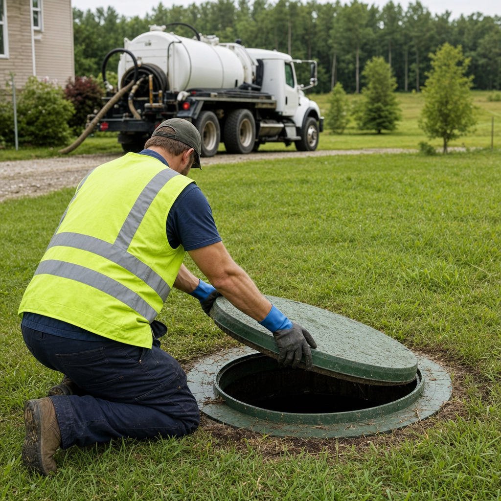 Septic technician kneeling on a Provo lawn, lifting the access lid on a residential septic tank