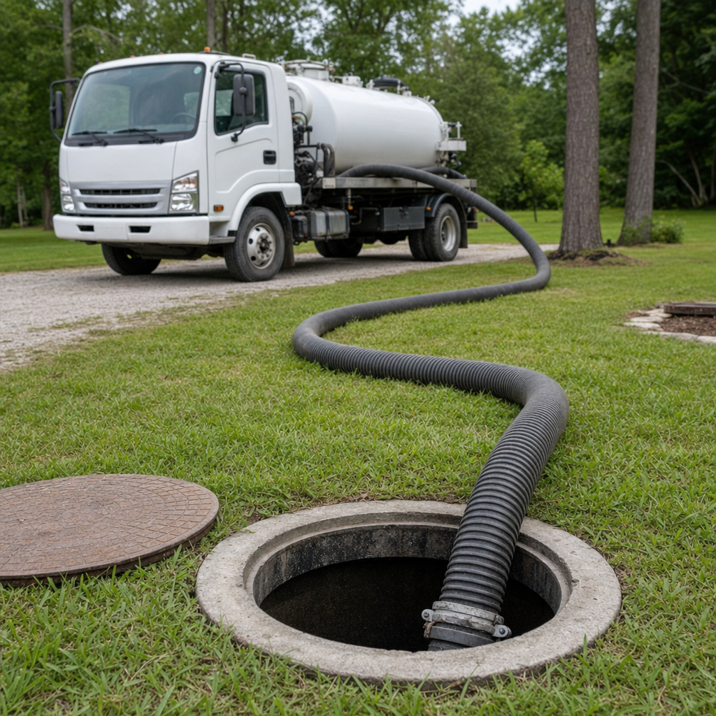 Thick ribbed suction hose lowered into a clean open septic tank port on a tidy Provo backyard lawn