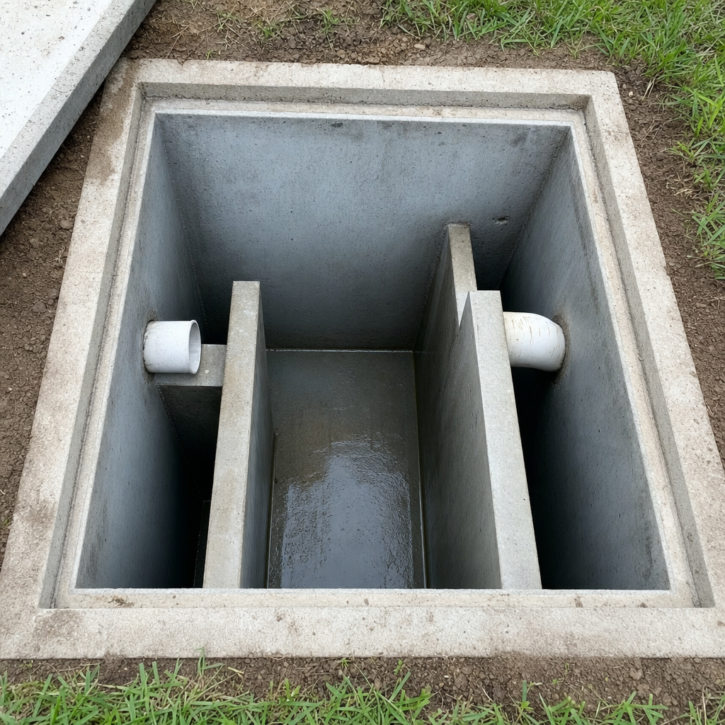 Inspection of the concrete baffles inside an open, emptied and freshly cleaned Provo septic tank