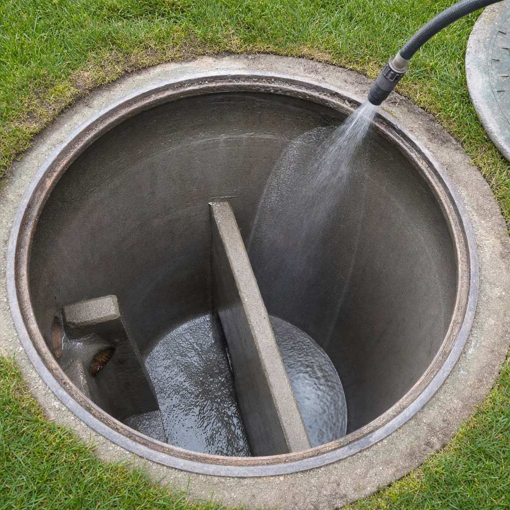 Interior concrete walls of an emptied Provo septic tank being rinsed clean with the truck's onboard water hose
