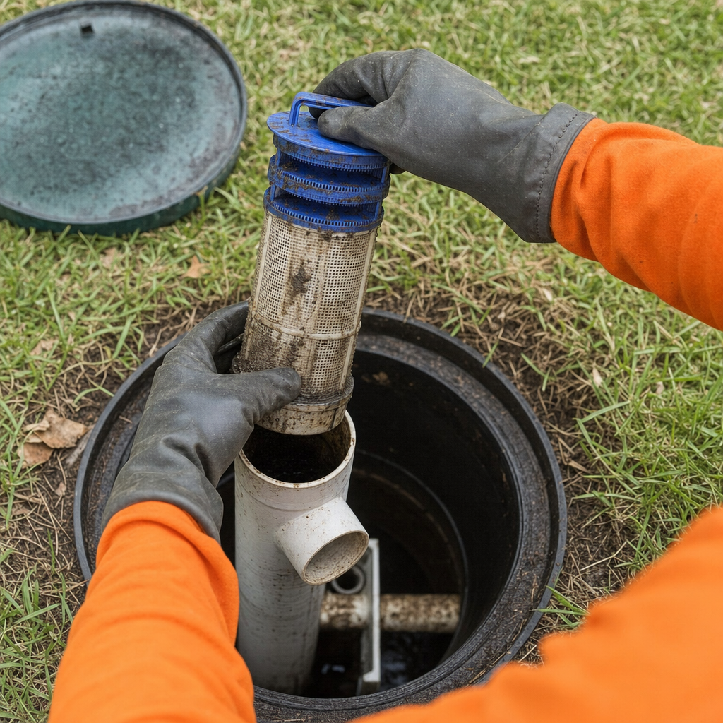 Septic technician's gloved hands lifting the effluent filter cartridge out of the outlet housing on a Provo septic tank