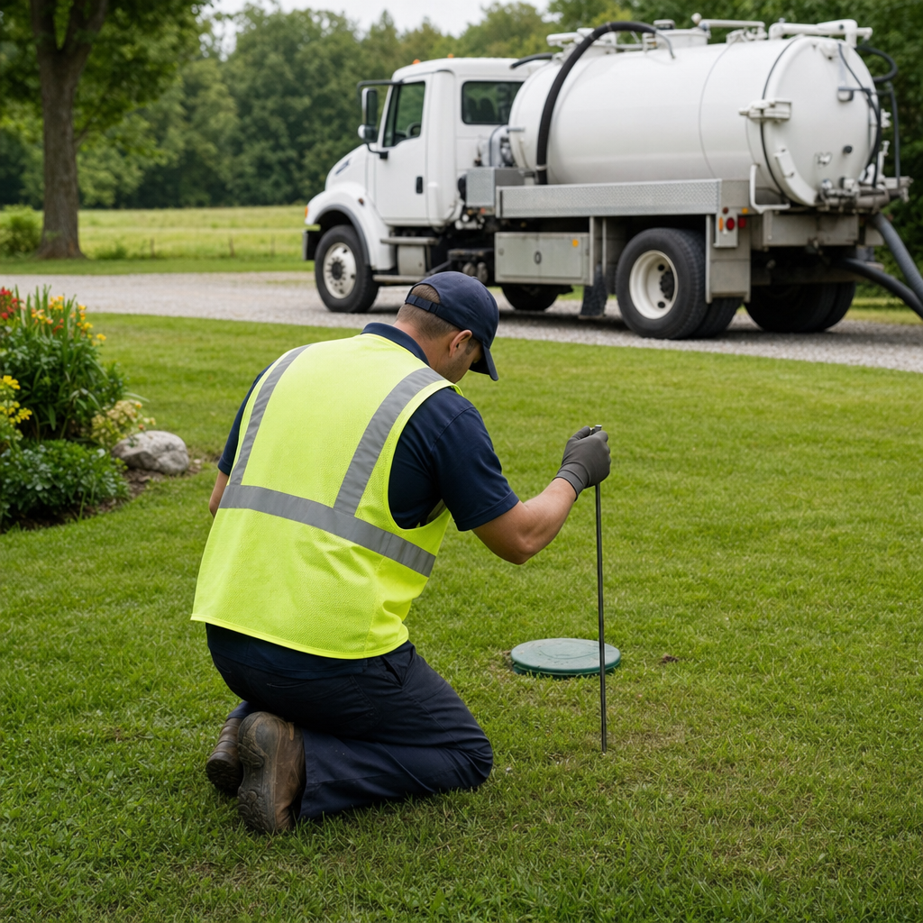 Septic technician kneeling on a Provo lawn, probing to locate and measure the depth of a buried septic tank lid before pumping
