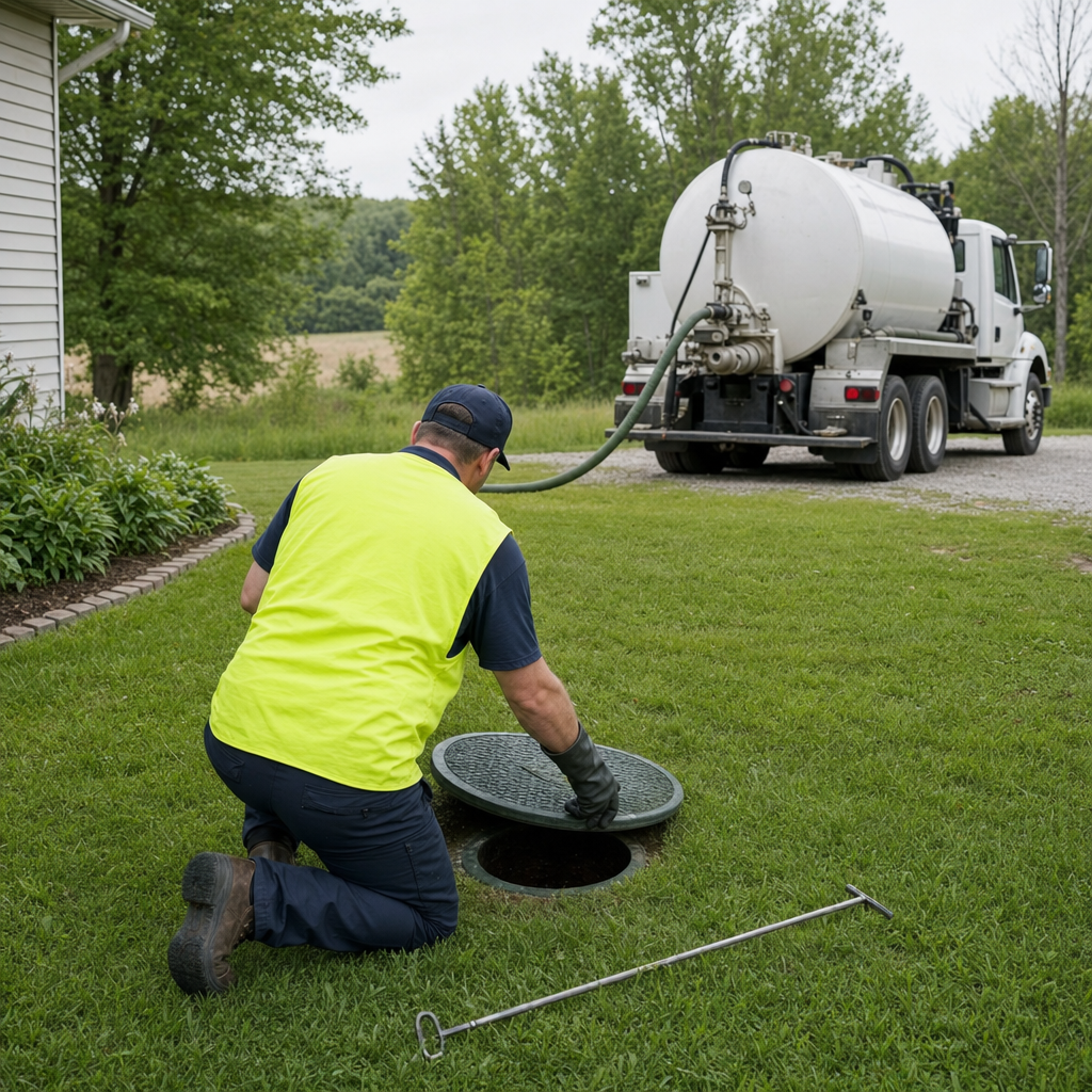 Septic technician kneeling on a Provo lawn, lifting the buried access lid on a residential septic tank