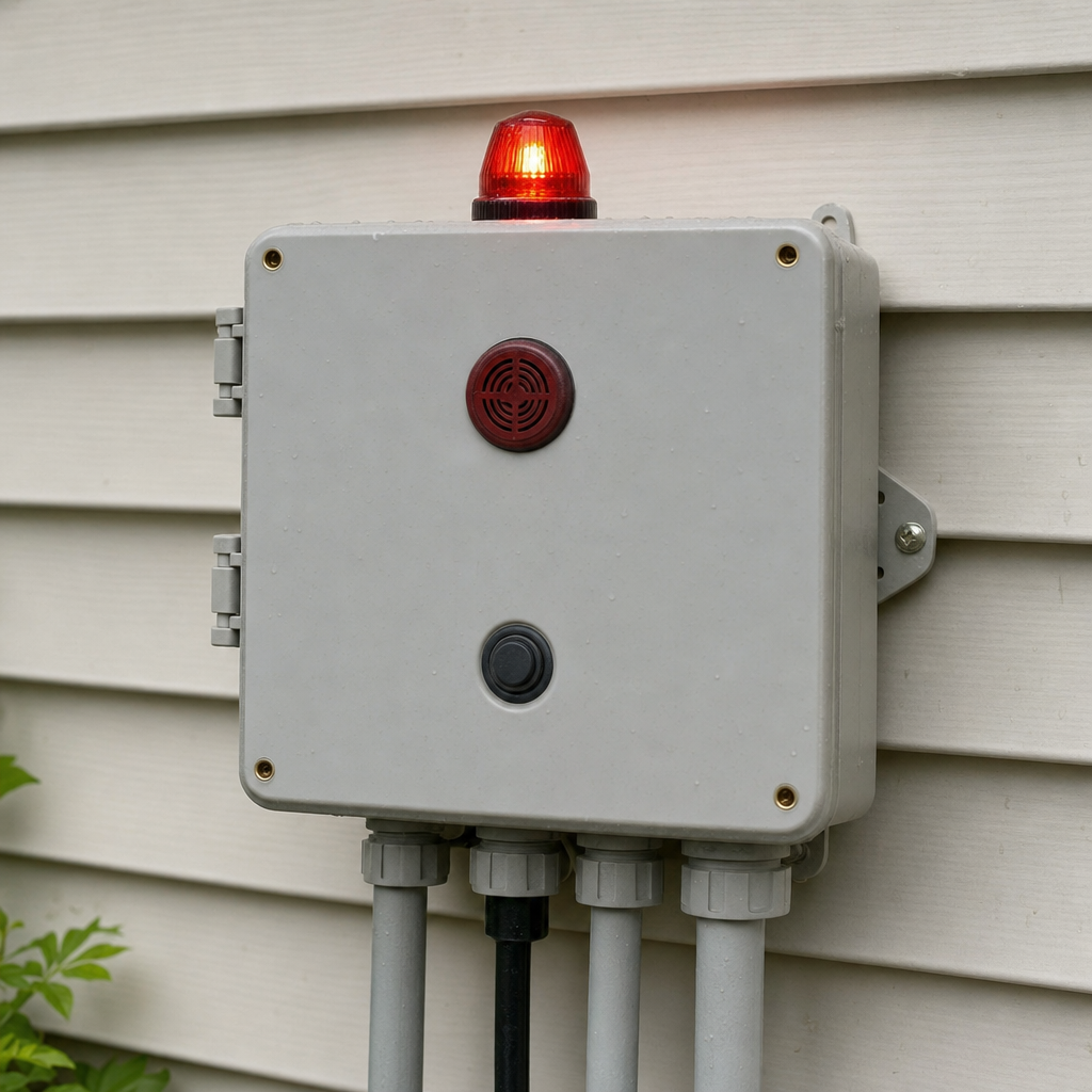 An aerobic septic system control panel mounted outside a Provo home with its red high-water alarm light lit