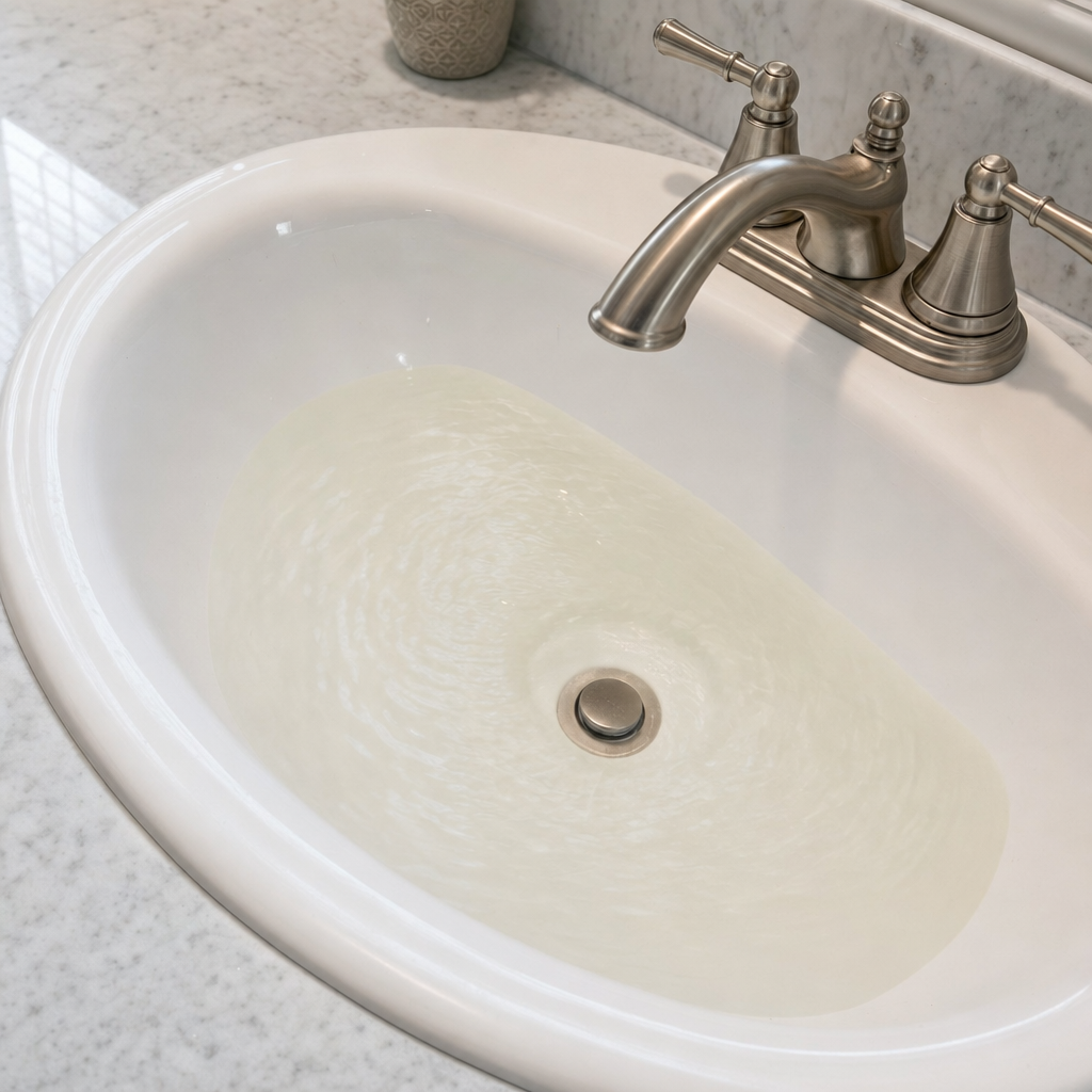 A bathroom sink draining slowly with water pooled in the basin, an early warning sign that a Provo septic tank is full